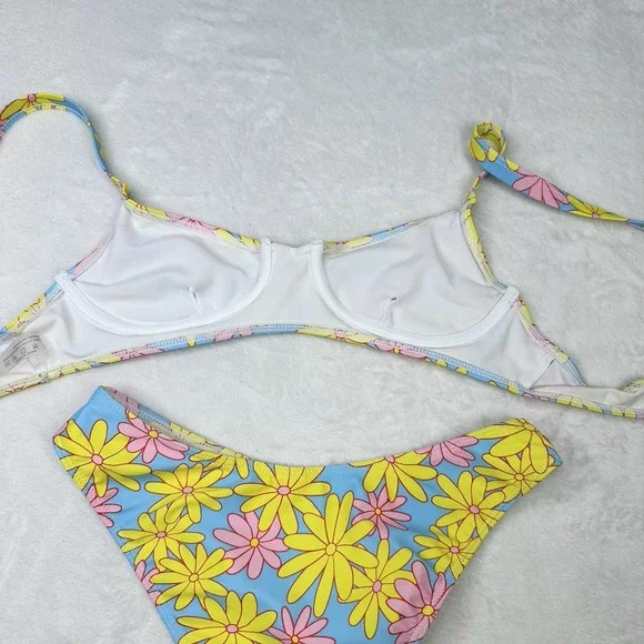 Shien Bikinx Bikini Swimsuit XS Blue Yellow Floral High Cut Cheeky Beach Summer - Picture 7 of 11